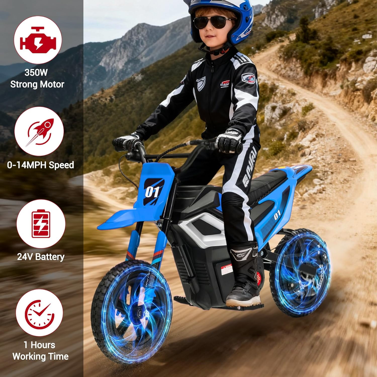 Rugerasy 24V Electric Dirt Bike,Ride on Motorcycle with Rear Wheel Suspension,12 Miles Range,Twist Grip Throttle,Rubber Tire,Birthday & Xmas Gifts,Blue