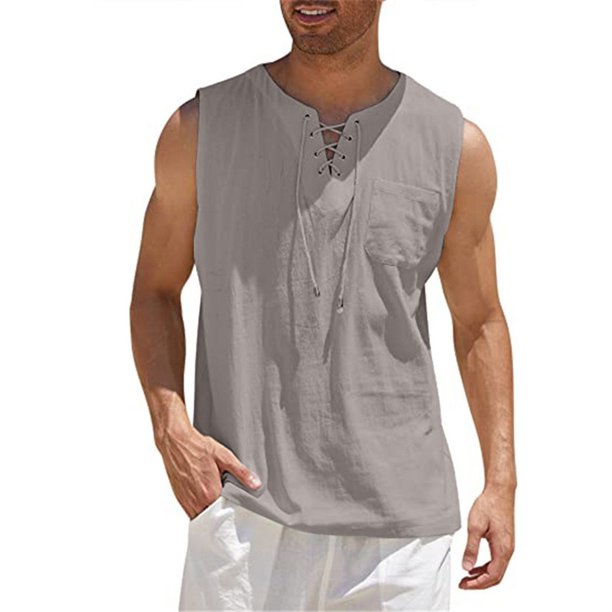 Men's Casual Loose Cotton Linen Shirts Colour Shirt Blouse Sleeveless Vest Beach Shirts Tops 2XL