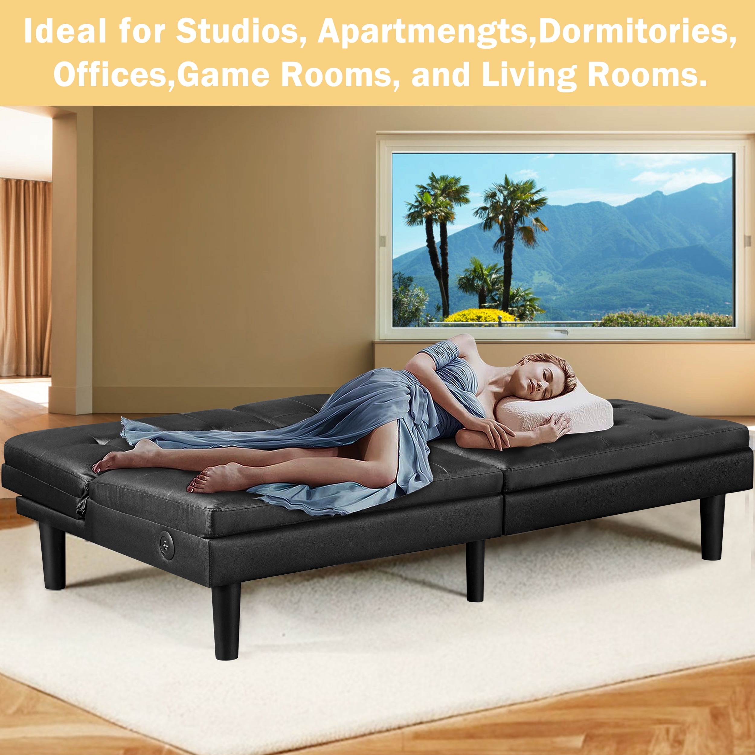 TrumanPick Futon Sofa Couch Bed Faux Leather Recliner Sleeper Sofa Loveseat with 2 Cup Holders USB Port for Living Room Black Walmart
