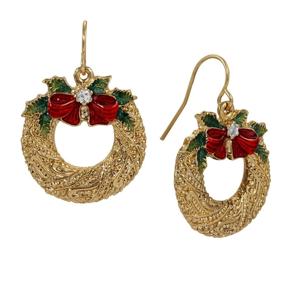 1928 Jewelry Christmas Wreath & Bow Drop Earrings For Women, Winter Season Festive Holiday Secret Santa Gift Ideas