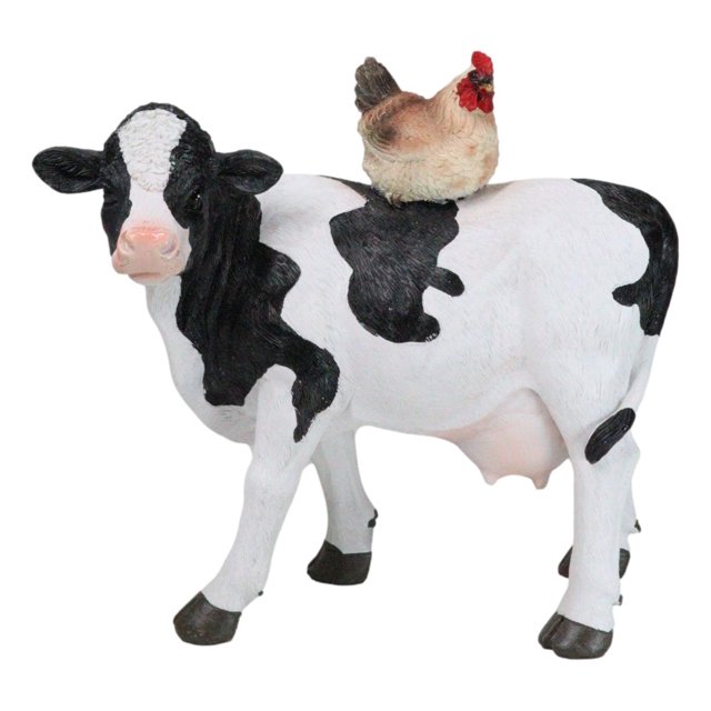Western Country Rustic Farmhouse Holstein Cow With Hen Chicken Figurine