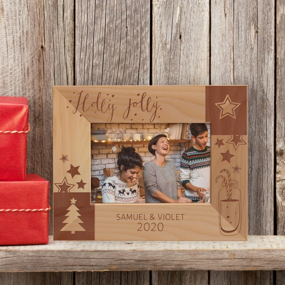 Holly Jolly Personalized Wooden Frame Wooden Frame-5" x 3 1/2" Brown Horizontal