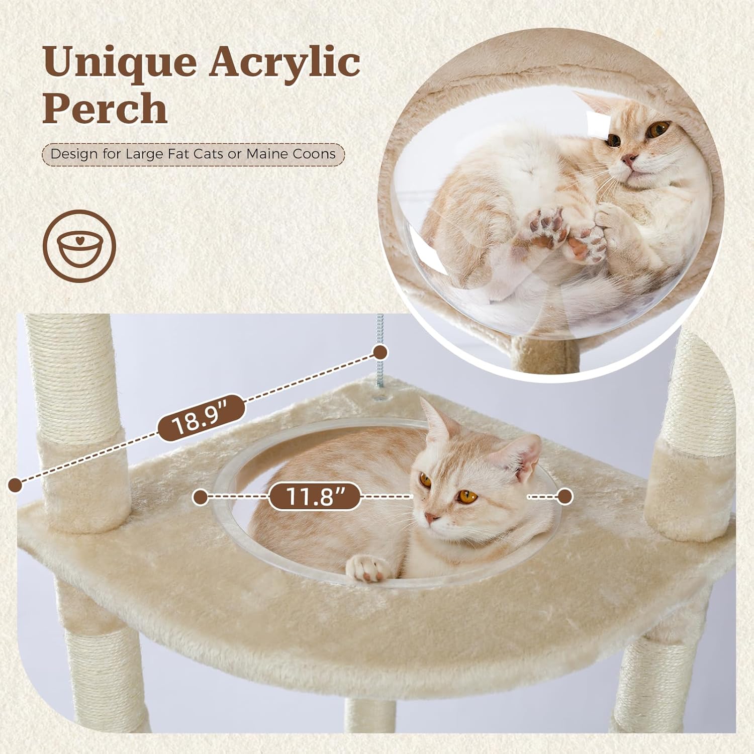 PETEPELA Floor to Ceiling Cat Tree, 92.9''-101.6''Height Adjustable Cat Tower Tall Cat Climbing Play House, Cozy Condo, Scratching Post and Spacious Hammock for Indoor Cats Large Adult, Beige