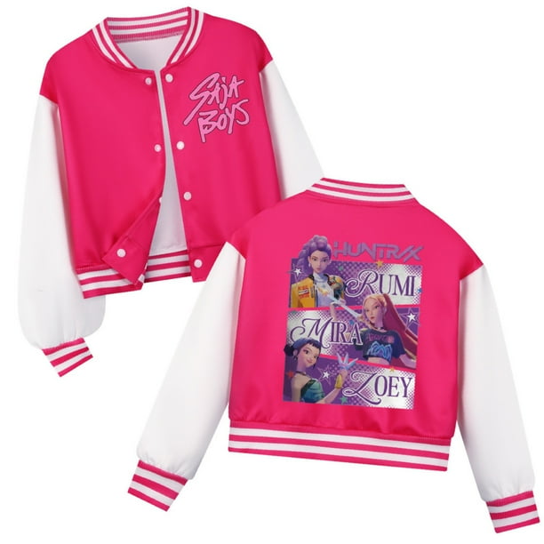 Moonsky Cantante P0p Den-en de béisbol cortos para niños y niñas a de chicos coreanos HUNTR/X Saja Chaqueta bomber con para niños Chaqueta Abrigo de béisbol de manga larga,Rosa intenso,110