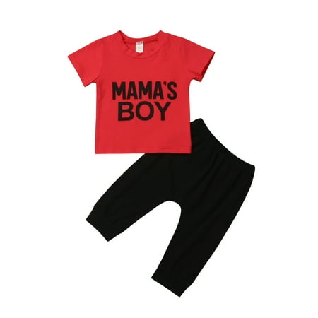 - Baby Boys Short Sleeve Pants Set, Mama's BOY Letter Print Red T-Shirt + Black Sweatpants 2 Pieces Clothing Set