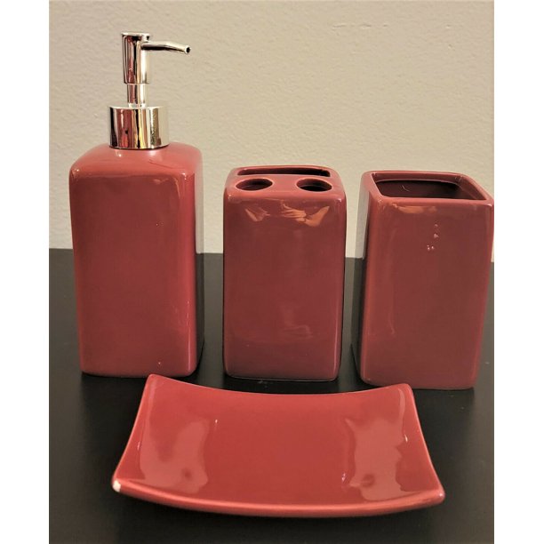 Complete 4 Piece Burgundy Ceramic Shiny Lush Bathroom Accessories Kit