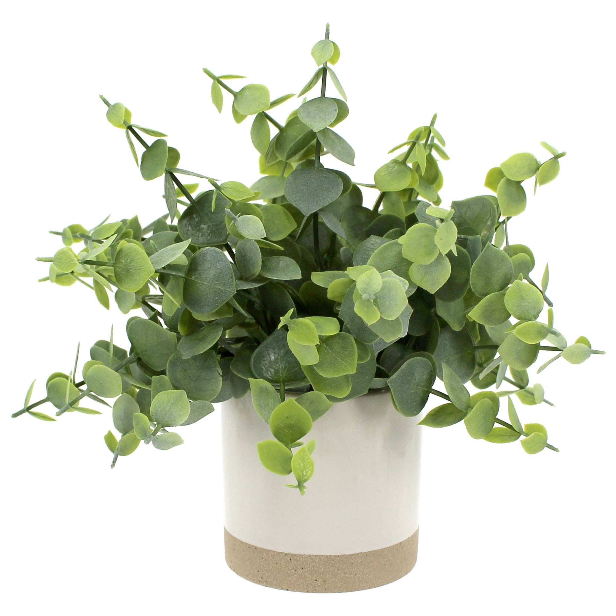 Mainstays 8 in Artificial Green Eucalyptus Plant in Two-Tone Glazed Ceramic Planter