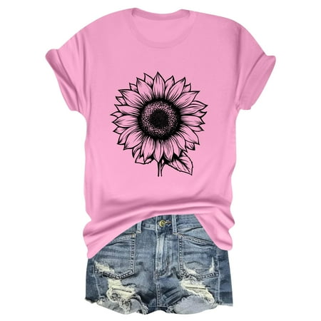 NAMTYQX Shirts for Women Plus Size Cool Short Sleeve Stretch Patterns Crewneck Relaxed Fit Hawaiian Gemustert Tshirts Shirts for Women Graphic Pink Size XL