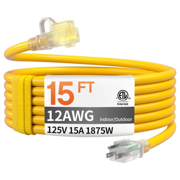 12 Gauge 15 FT Heavy Duty Outdoor Extension Cord Waterproof Yellow | 15 Foot Waterproof with Lighted End, Flexible and Cold Resistant, 3 Prong Extension Cord Yellow, 15Amp 1875W SJTW, ETL Listed
