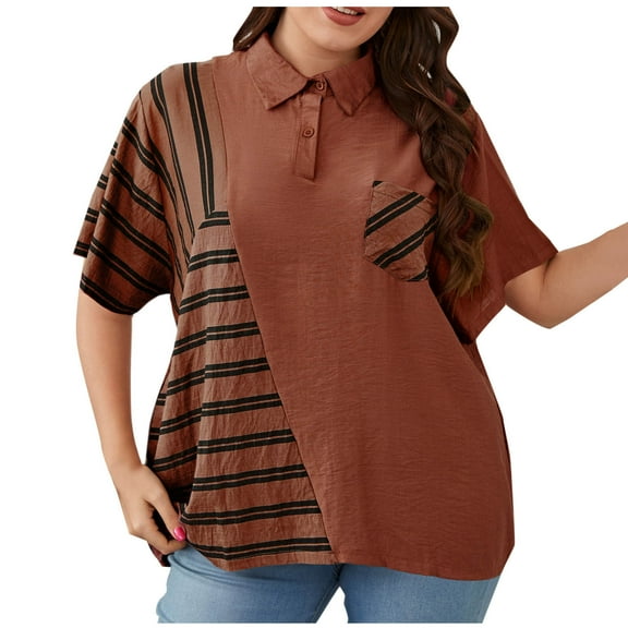 ZQUUVOU Women's Plus Size T-Shirt Turndown Collar Short Sleeve Pocket Blouses Burgundy (3XL)