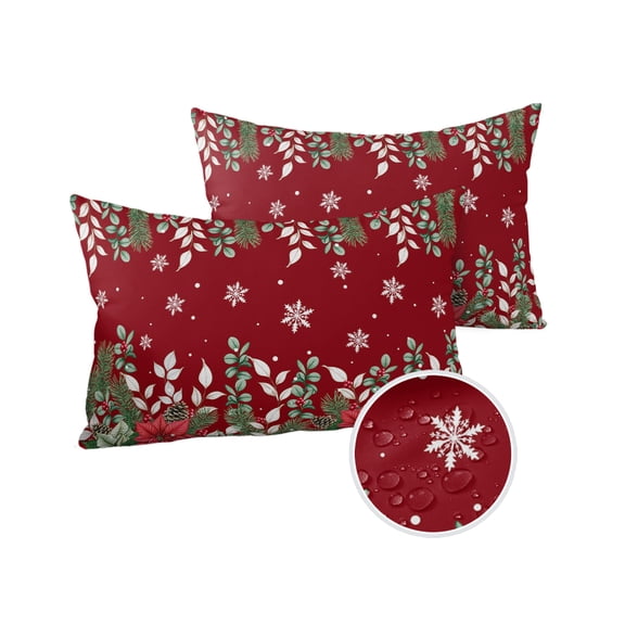 Pack of 2 Outdoor Pillow Covers, Christmas Poinsettia Fir Tree Snowflake in Red Background Waterproof Square Throw Pillowcase Cushion Decorative Pillow Covers for Couch Patio Tent, 20x12 in