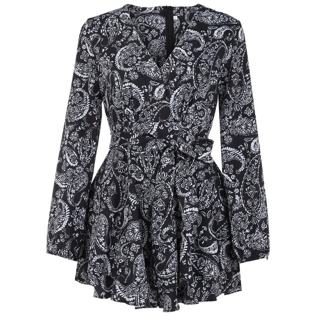 Gibobby pantalones siameses de pierna ancha Mono corto con dobladillo con volantes y cinturón de manga suelta con cuello en V y estampado floral para mujer(Negro, XL)
