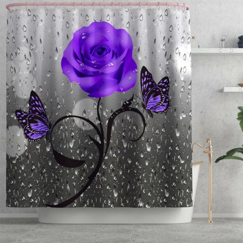 4PCS 3D Raindrop Rose Flower Shower Curtain,Fabric Cloth Polyester Waterproof Bath Curtain, Non-Slip Bathroom Rugs Bath Mat Set, Elegant Bathroom Decor, Purple