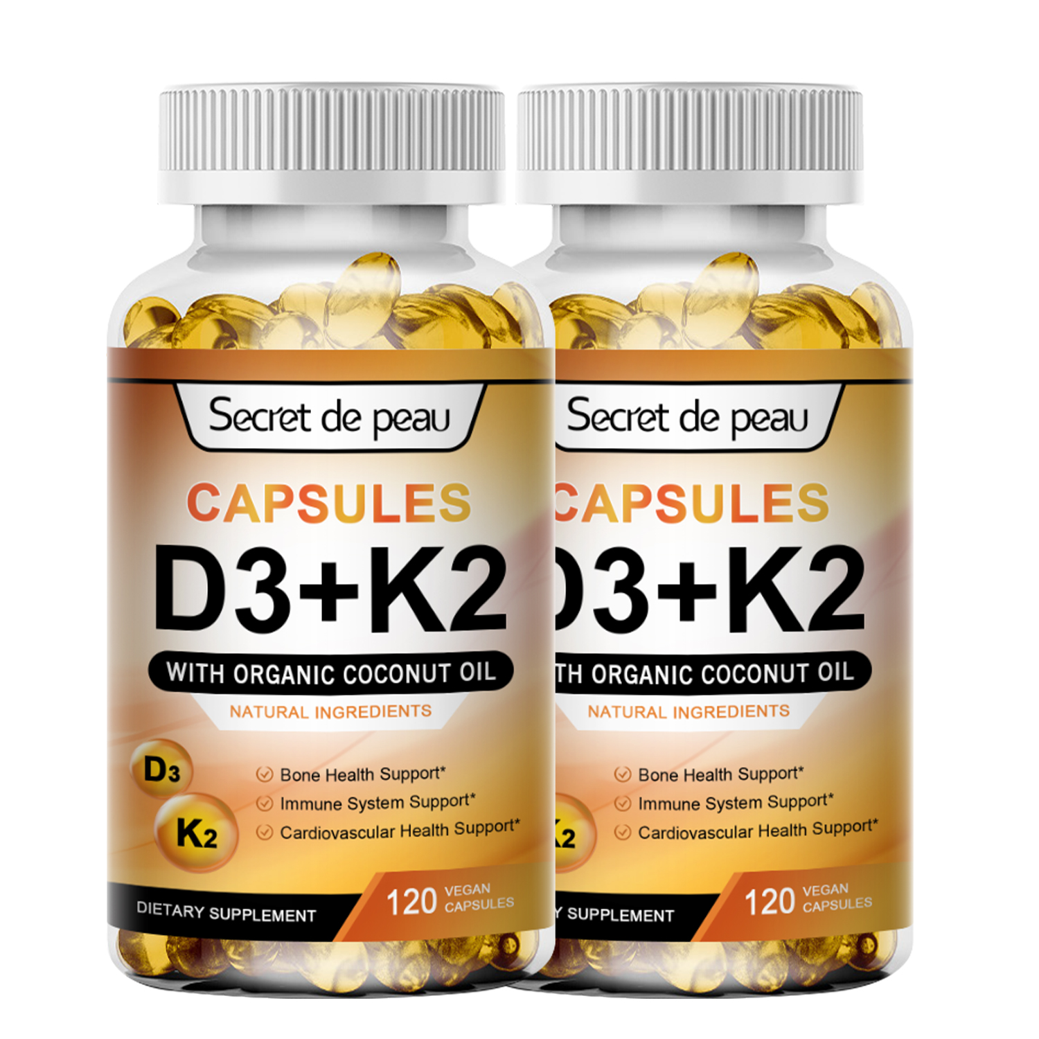 (2 Pack)Secret de peau Capsules D3 + K2 Vitamin Supplement,Supports Immune System,Heart,Bones,120 Ct