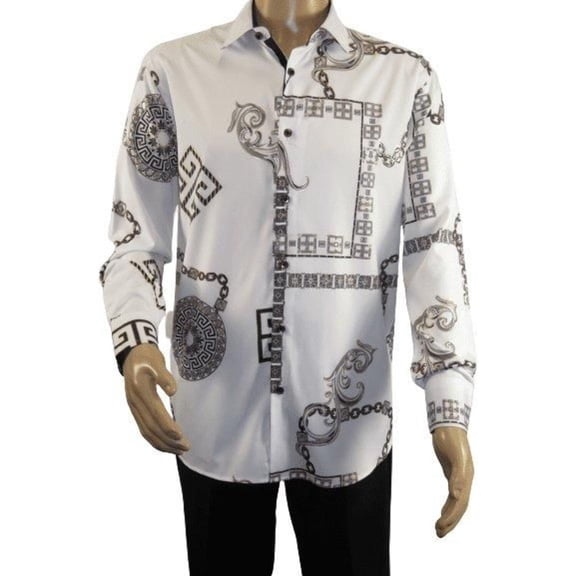Men Sports Shirt by DE-NIKO Long Sleeves Fashion Print Soft Modal 2F008 White