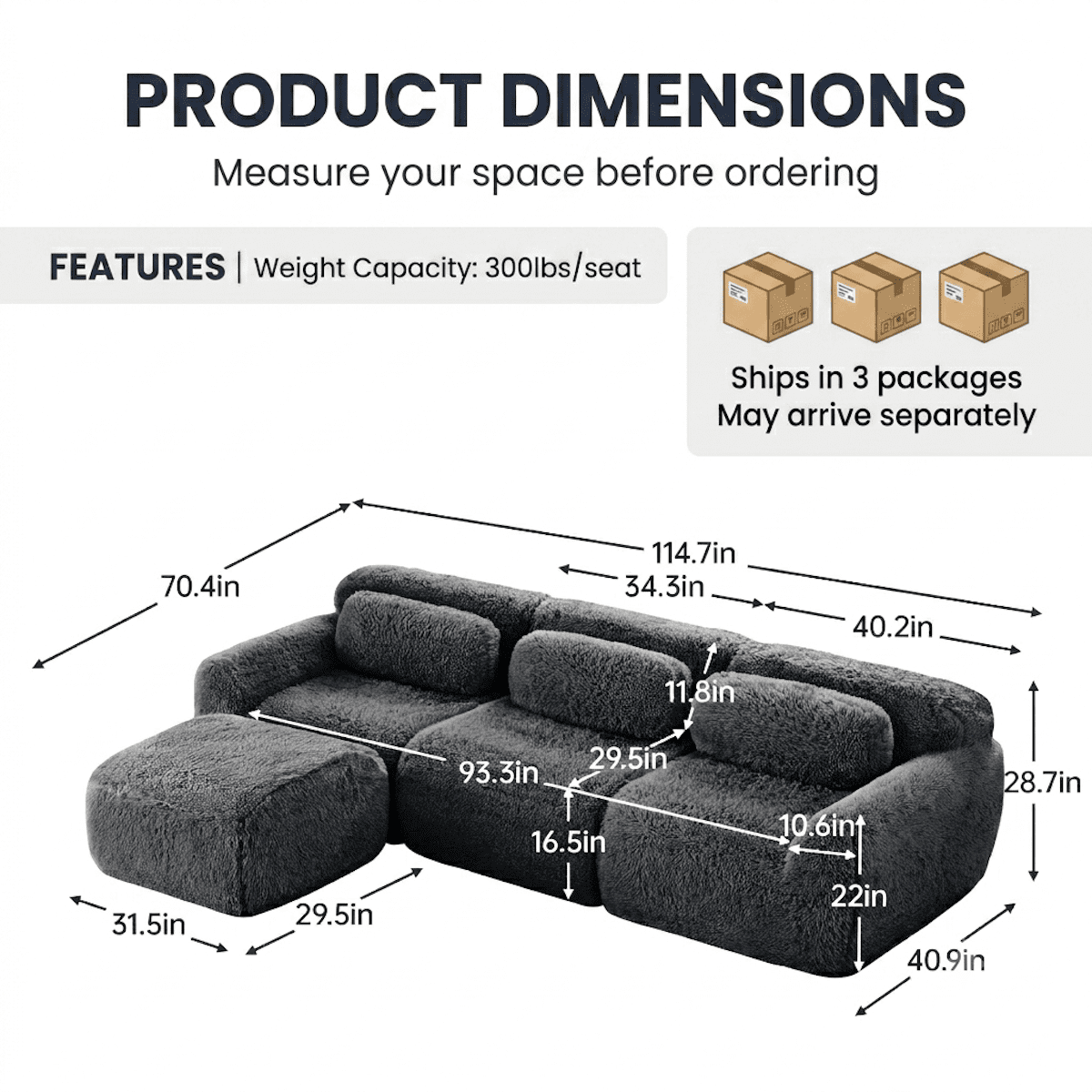 Xiweot 115" L Shaped Sectional Sofa, Boneless Compression Cloud Couch with Ottoman, Modular High Density Foam Sofa, Fluffy Faux Fur Deep Seat Couch, No Assembly Living Room Furniture for Apartment
