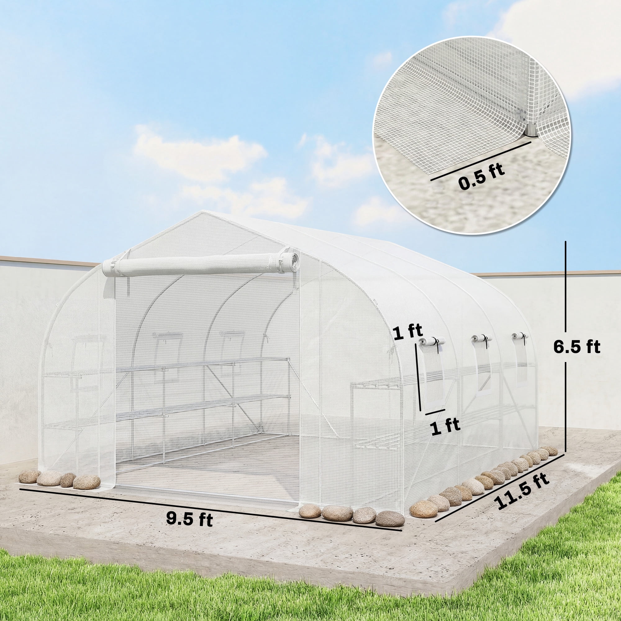 Outsunny Walk-in Tunnel Greenhouse with Shelves, Plant Hot House with Mesh Door, White
