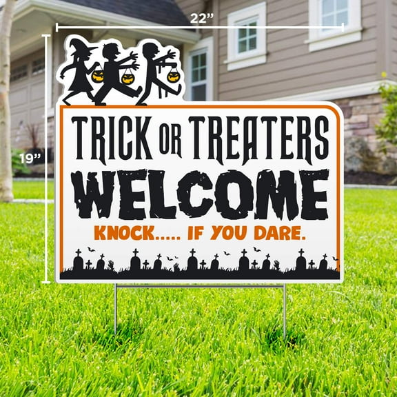 Trick or Treaters Welcome - Knock if your Dare - Halloween Lawn Sign - 22" x 19" Yard Sign - Made of Weatherproof fluted plastic - Halloween Lawn Decorations