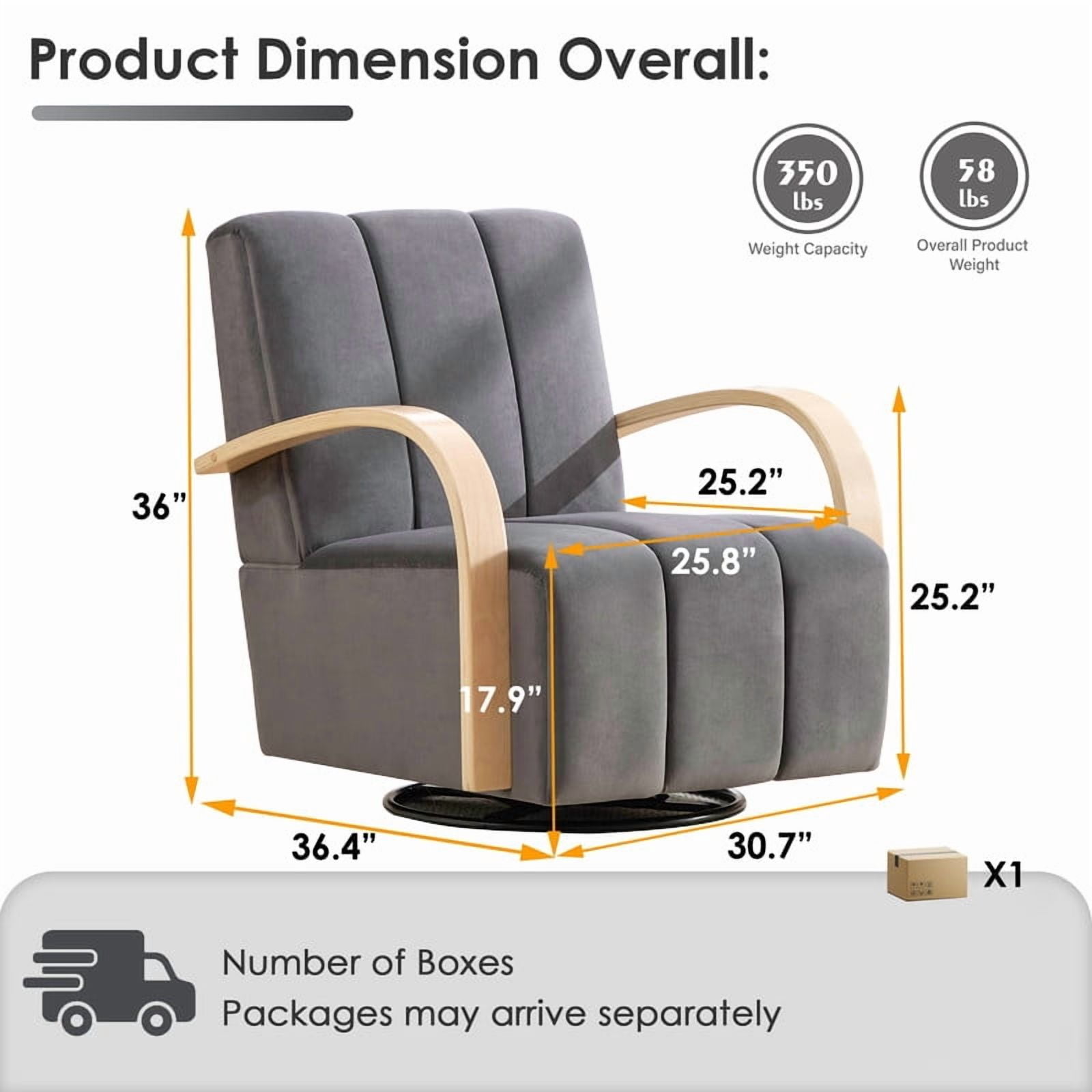 Gewnee Accent Chair, 360°Swivel Upholstered Reading Chair,Modern Armchair for Living Room, Bedroom & Home Office, Gray(Velvet)