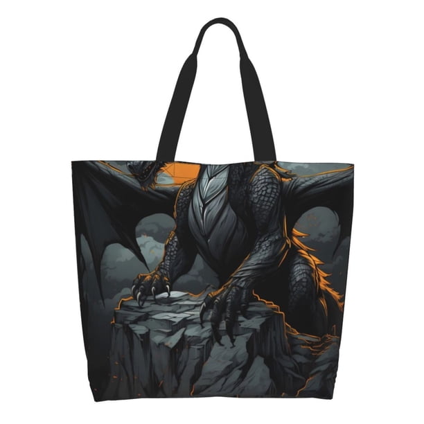 Balery Full Moon Black Dragon Bolsa Tote Estilo Estético con Cremalleras, Bolsa de Hombro, Bolsa de Compras Grande y Plegable