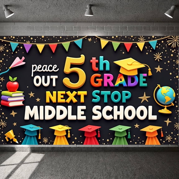 Colorful Design 5th Grade Banner Graduation Cap Theme Graduation Display School Supplies Elements Confetti Decor Middle School Background for 5th Grade Graduation Elementary School Event Graduation