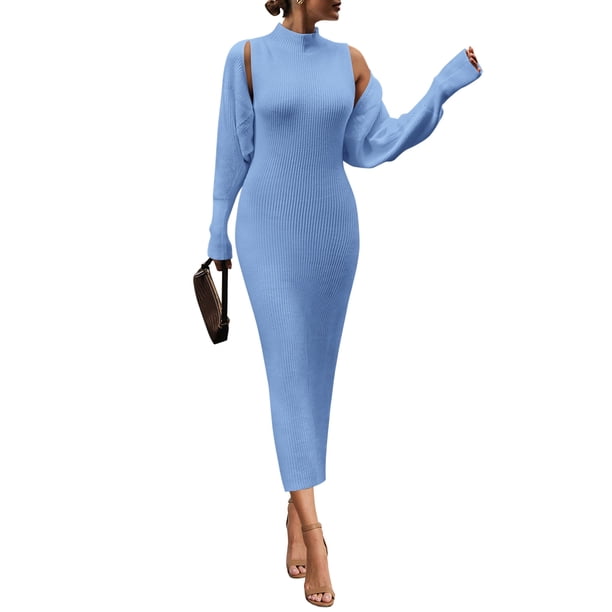 Conjunto de Suéter y Vestido de Punto para Mujer PRETTYGARDEN 2 Piezas Azul M