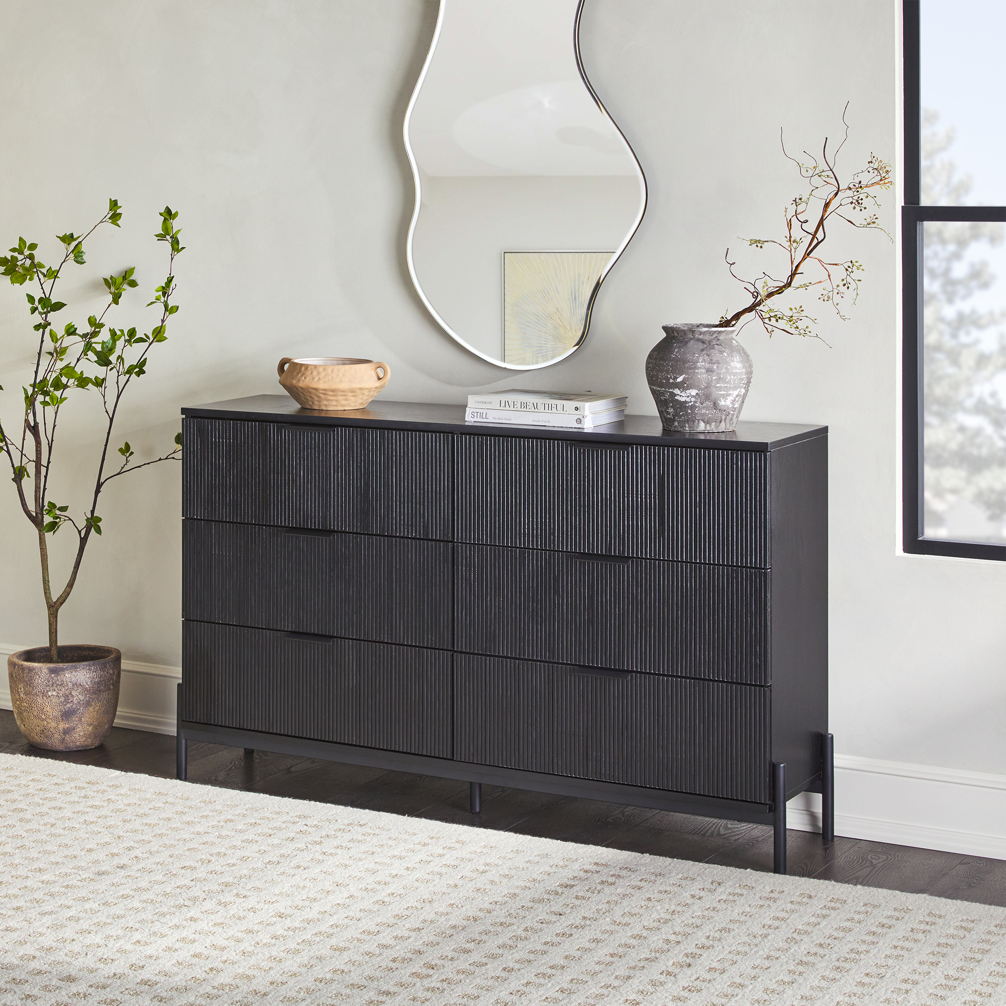 Walker Edison Mid-Century 6-Drawer Dresser with Reeded Drawer Fronts, Black - image 3 of 15