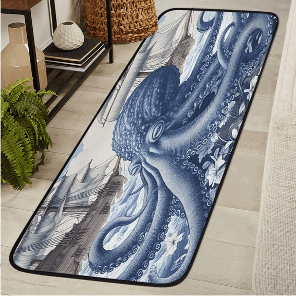 CURLYOOT Octopus Ocean Themed Runner Rug 2'x6' Washable Kitchen Runner Rug Indoor Non Slip Laundry Rugs Floor Carpet for Hallway Kitchen Entryway Bedroom Living Room