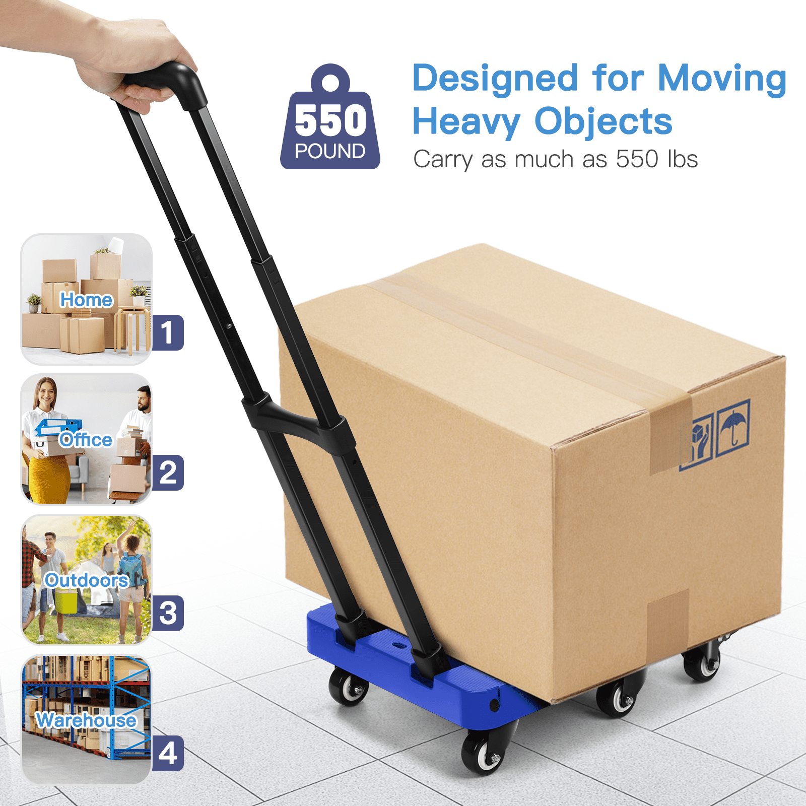 Folding Hand Truck, Heavy Duty Dolly Cart for Moving, 550 LBS Hand Truck With 6 Wheels & 2 Ropes for Luggage, Moving, Shopping, Office Use