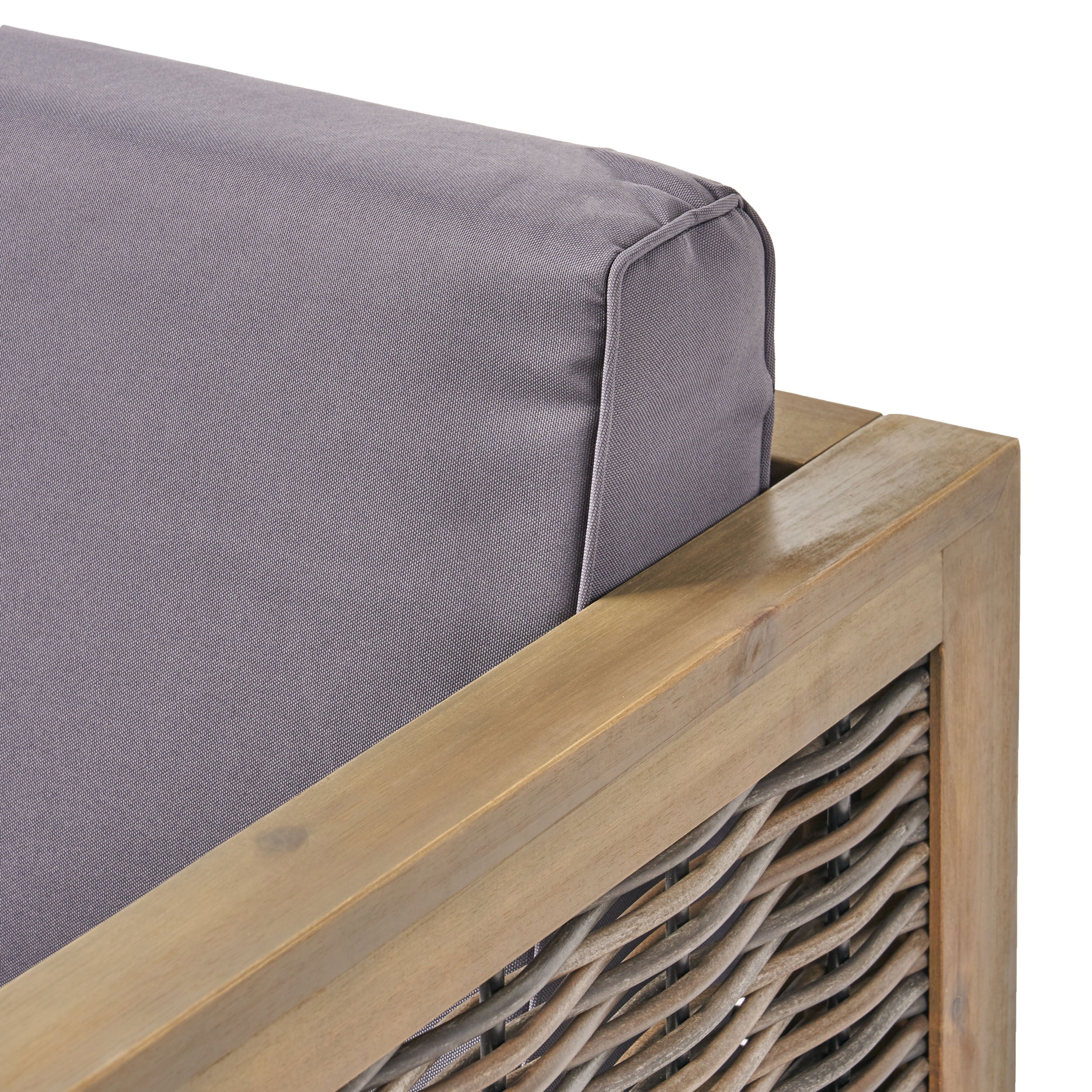 Cayson Outdoor 5 Seater Wood and Wicker Sectional Sofa Set, Gray, Dark Gray