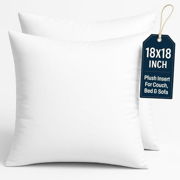 18 x 18 Throw Pillow Inserts Set of 2, Decorative Feather Down, White Cushion Pads for Sofa, Couch, Bed, Machine Washable – Compatible with Standard Square Pillow Covers