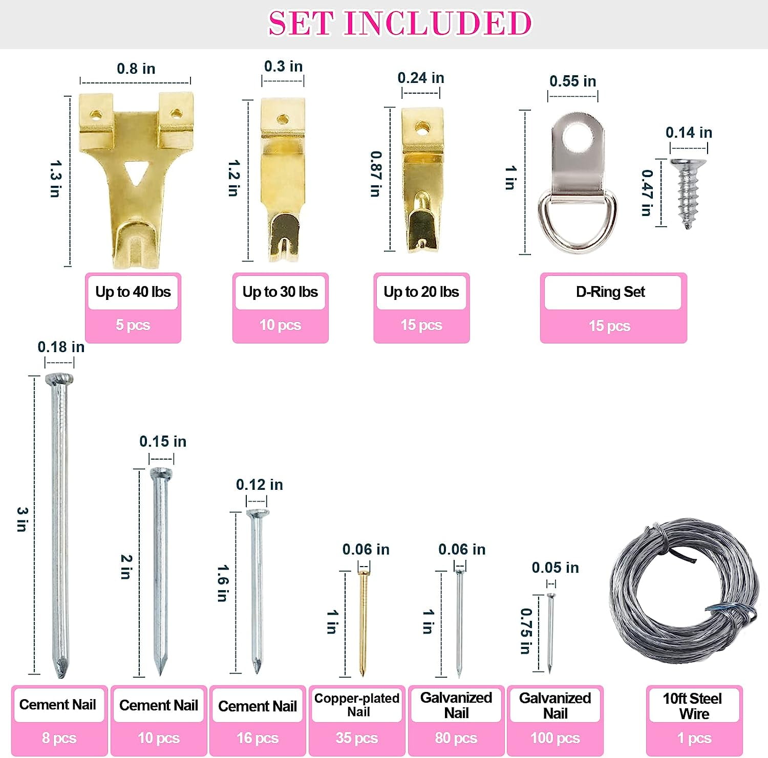 TOYIEW Picture Hanging Kit for Woman, 315pcs Hanging Hardware with Hooks, Wire, Nails, D-Ring, Wall Hanging Kit with Hangers, Magnetic Level and Small Pink Claw Hammer, DIY Tool Set for Home Decor