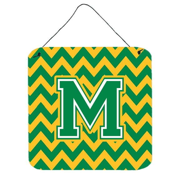 Letter M Chevron Green and Gold Wall or Door Hanging Prints