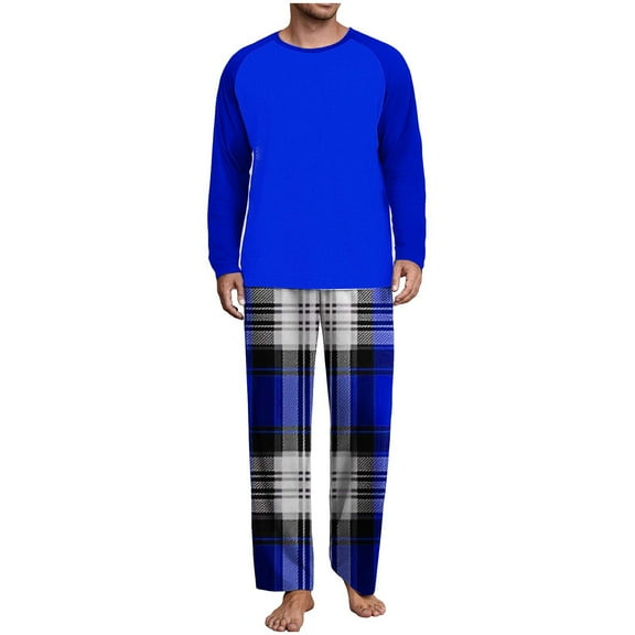 Mens Pjs Sets Color Block Pajamas Sets Plaid Fannel Pajama Bottoms Cotton Lounge Pants Trendy Soft Long Sleeve Pjs Tops Sleepwear