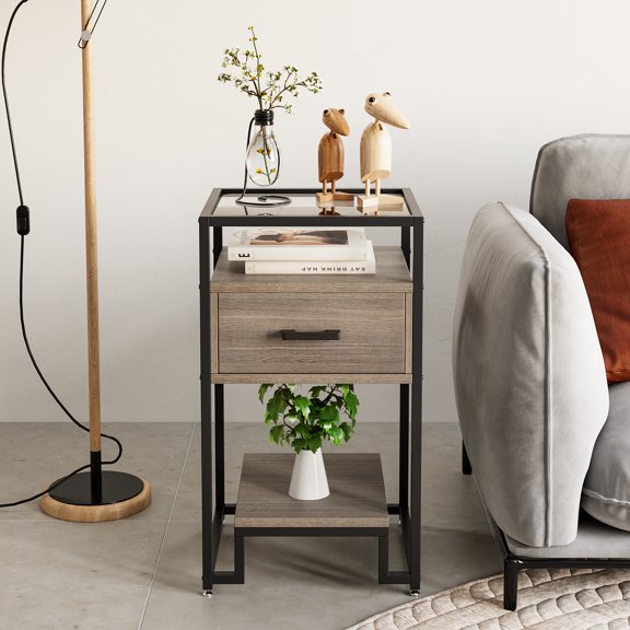 M optimized End Table Wooden Nightstand with Tempered Glass Top Drawer 3-Tier Storage Bedside Table for Living Room, Bedroom, Rustic Light Brown