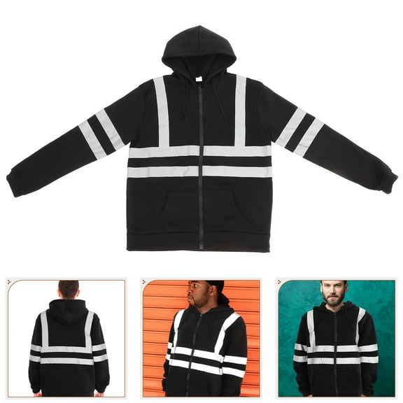 FONDOTIN 1Set Safety Fleece Hoodie For Men Reflective High Visibility Black Construction Work