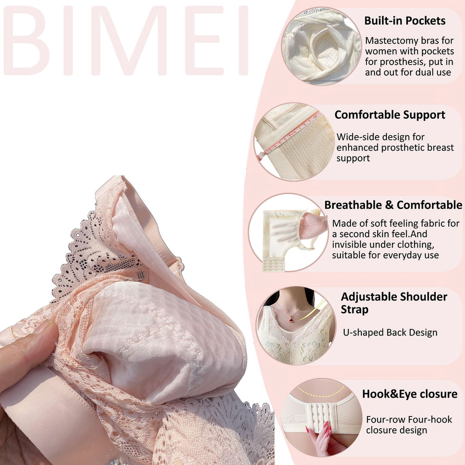 BIMEI Women Mastectomy Bra Breast Prosthesis with Pockets Wirefree Comfort Everyday Bra 2425,Pink,36B/C/D/E