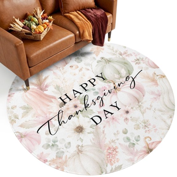 Happy Thanksgiving Day Washable Round Area Rug 3 ft, Rustic Minimalist Pink Green Pumpkin Leaf Soft Non‑Slip Rugs Stain Repellent Indoor Mats for Entryway, Bathroom, Bedside, Hallway Nook