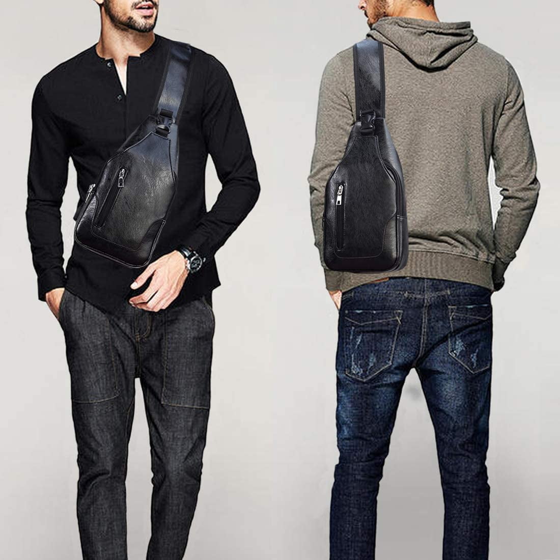 Men Sling Bag Anti Theft Shoulder Bag Small Leather Crossbody Sling Backpack with USB Charge Port