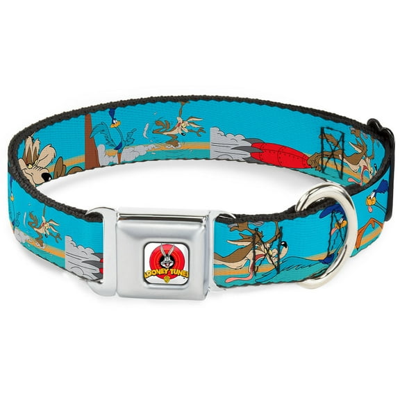 Looney Tunes Pet Collar, Dog Collar Metal Seatbelt Buckle, Road Runner Wile E Coyote Scene Desert, 11 to 16.5 Inches 1.0 Inch Wide