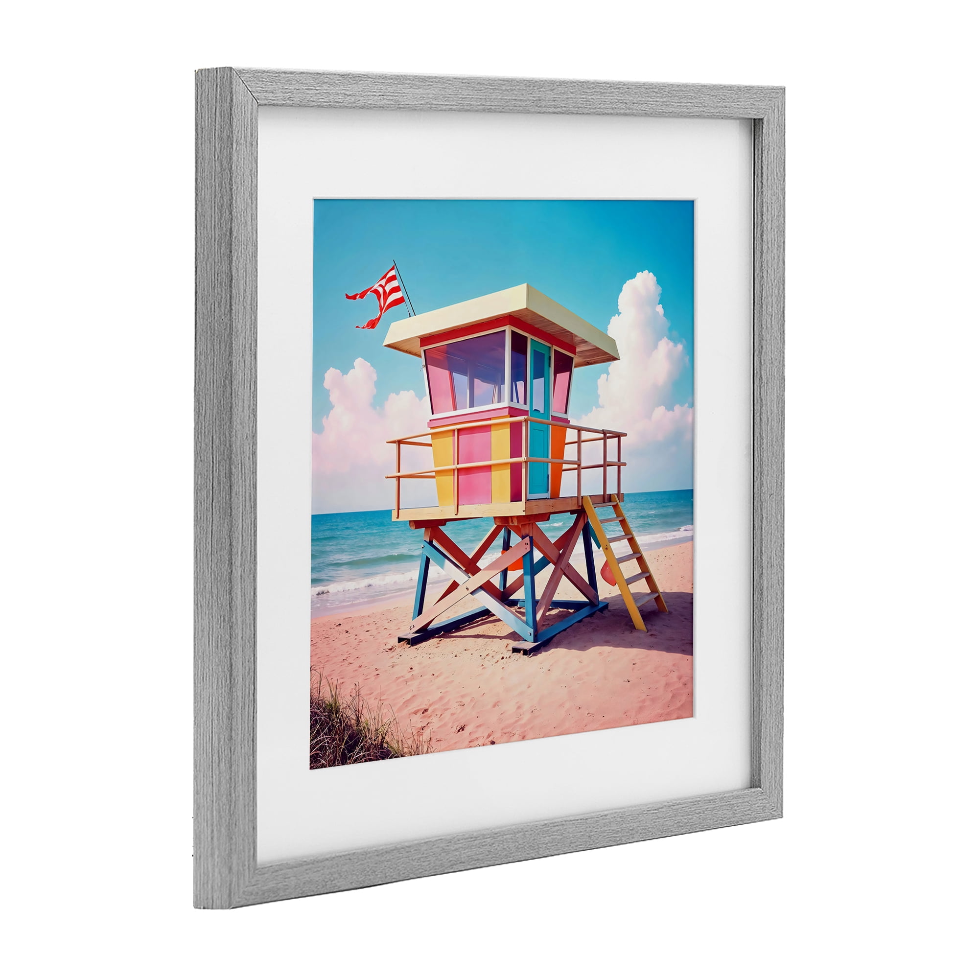 Stupell Industries Colorful Sunny Beach Tower Gray Framed Print Under Glass, design by Creative Studio