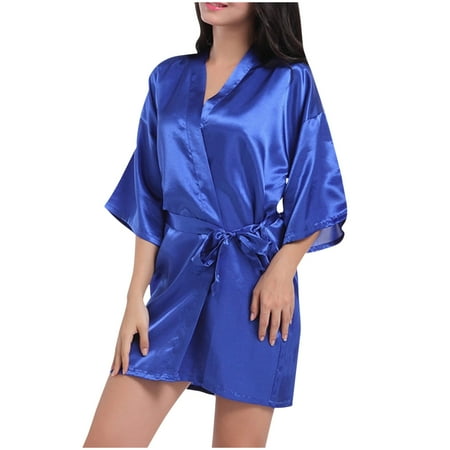 VONCOS Women s Satin Robe Sleepwear- Sling Summer Sexy Bathrobe Valentines Lingerie for Women Short Robes Blue Size L