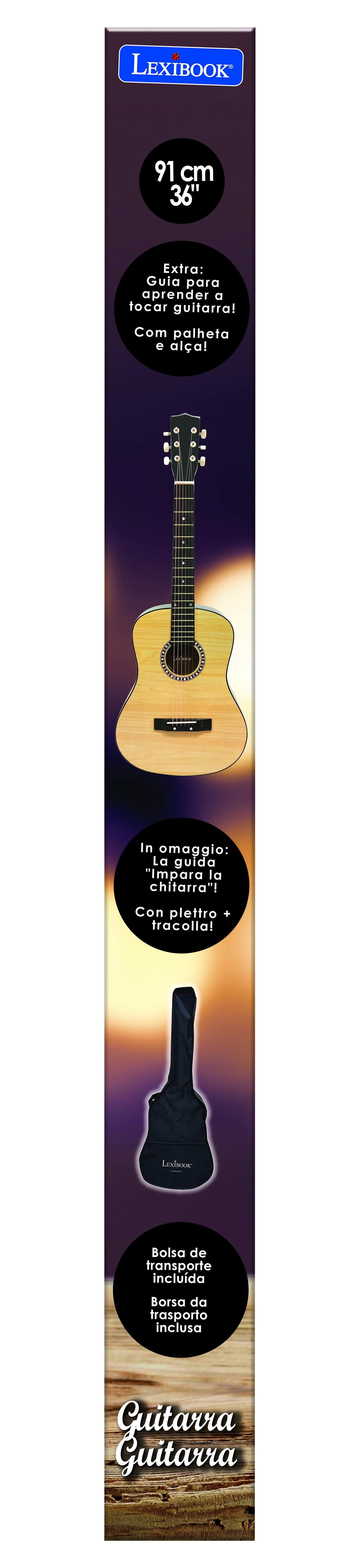 Lexibook Wooden Acoustic Guitar, 36'', 6 Nylon Strings, Carry Bag Included, Wood/Black