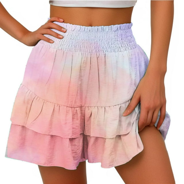 Mujeres Pantalones Cortos Casual Verano Color Sólido Cintura Alta Elástica Cintura Floral Plisado Borde Pantalones Cortos Casuales