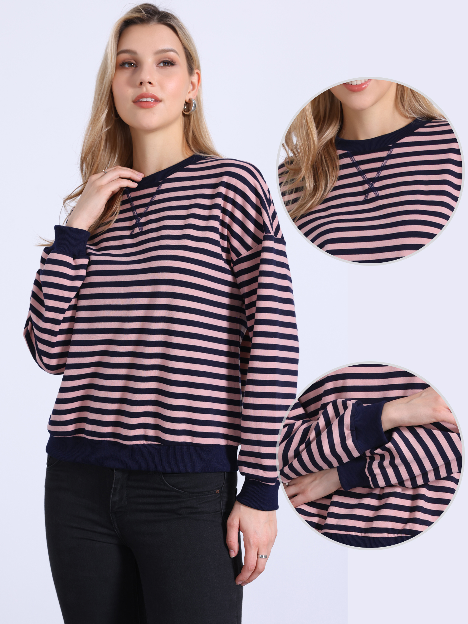 DARING DIVA Women's Crew Neck Striped Long Sleeve Sweatshirt S Pink