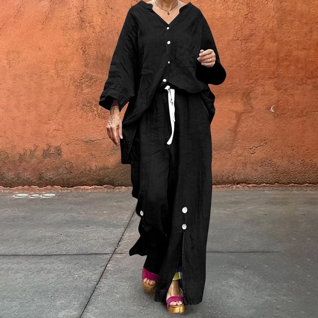 BRGZLK 2 Piece Sets for Women Summer 2025 Solid Color Loose Long Sleeve Round Neck Button Up Shirts Wide Leg Drawstring Pant Matching Set Vacation Outfits with Pockets Black M