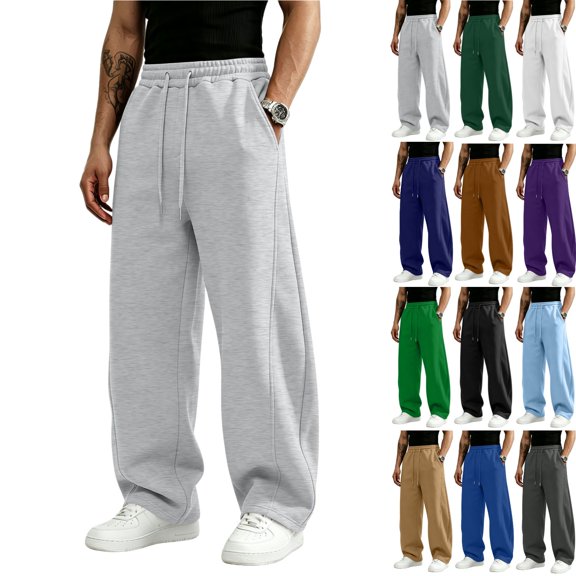 Zimjoy Wide Leg Sweatpants Men Baggy Fleece Loose Sweatpants with Pockets Drawstring Elastic Waist for Travel Running Athletic Light Gray L