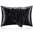 thumbnail image 1 of Funda de almohada de seda satinada para cabello y piel, juego de 2 fundas de almohada negras de tamaño estándar, funda de almohada súper suave con cierre de sobre (20 x 26 pulgadas), 1 of 5
