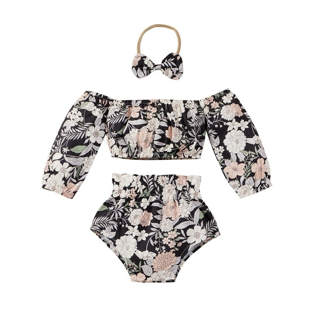 goowrom Little Girls Outfit, Off Shoulder Floral Printing Crop Top, Shorts