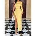 thumbnail image 4 of Womens Wedding Guest Maxi Dress Fall One Shoulder Sleeve Satin Bodycon High Split Cocktail Formal Prom Dresses Yellow L, 4 of 8